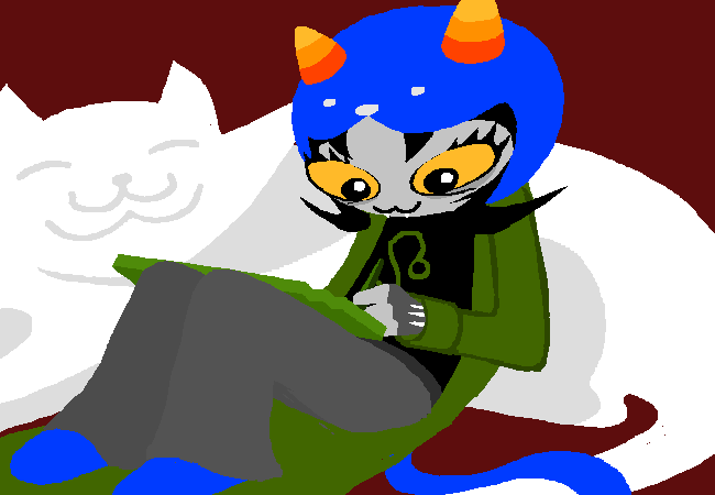 nepeta chills on her drawing tablet with her lusus (guardian) pounce de leon.